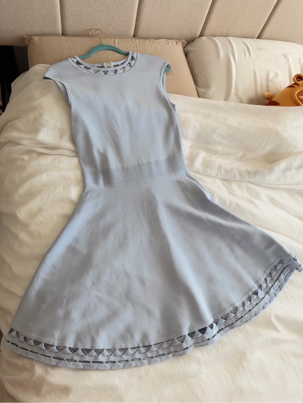 Ted Baker Light Blue Fit-and-Flare Dress with Lattice Trim